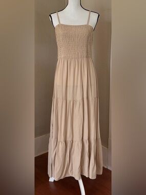 Fashions Beige Smocked Maxi Dress with Spaghetti Straps